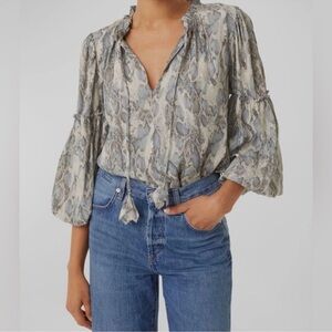 MISA Los Angeles Renata Split-Neck Snake-Print Chiffon Blouse, NWT